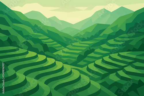 Low poly vector rice terrace hills with layered green geometry in Southeast Asia style
