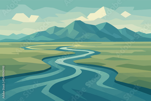 Low poly vector river delta with winding channels flatland and distant mountains