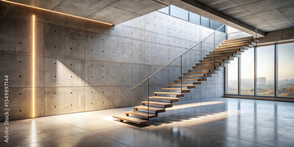 Fototapeta premium Modern interior design featuring a floating wooden staircase with glass railings against a textured concrete wall and large windows