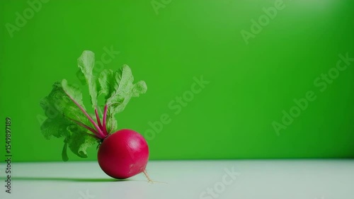 Radish with vibrant green leaves on a bright white surface against a solid green background