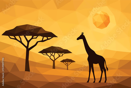 Low poly vector savannah with acacia trees giraffe silhouette and polygon sun