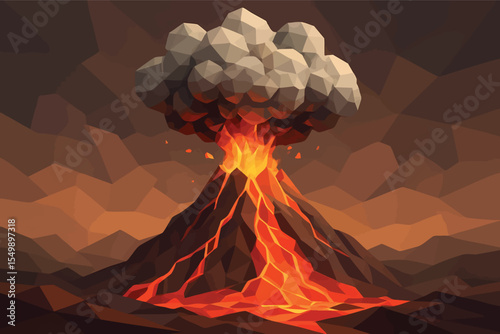 Low poly vector erupting volcano with smoke and polygon lava in dramatic stylized scene