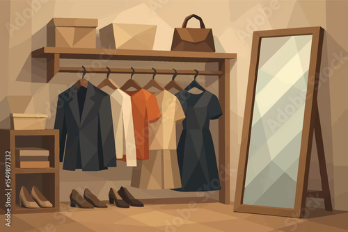 Low poly vector walk-in closet with clothes rack mirror and shelves