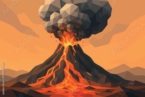 Low poly vector erupting volcano with smoke and polygon lava in dramatic stylized scene