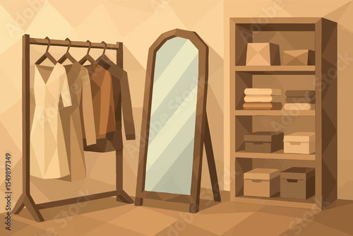 Low poly vector walk-in closet with clothes rack mirror and shelves