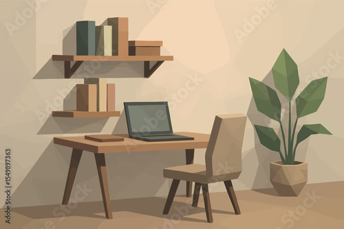 Low poly vector workspace with desk laptop bookshelves and plant