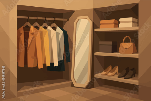 Low poly vector walk-in closet with clothes rack mirror and shelves