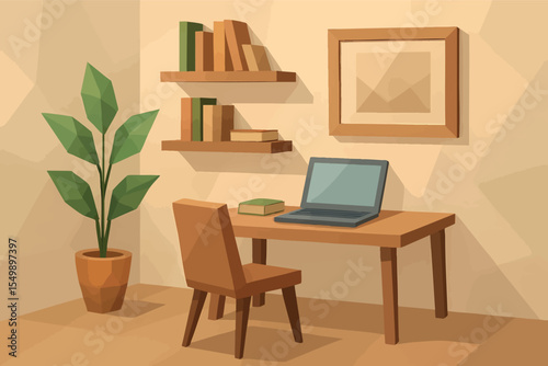 Low poly vector workspace with desk laptop bookshelves and plant