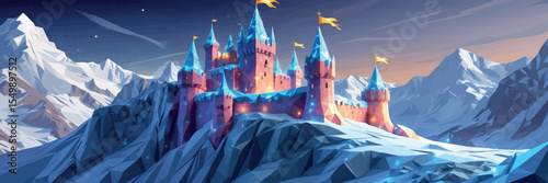 Low poly vector frozen castle on glacier peak with magical lights and frost-covered flags