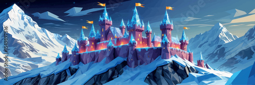 Low poly vector frozen castle on glacier peak with magical lights and frost-covered flags