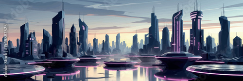 Low poly vector futuristic city skyline with hovering platforms and neon lights