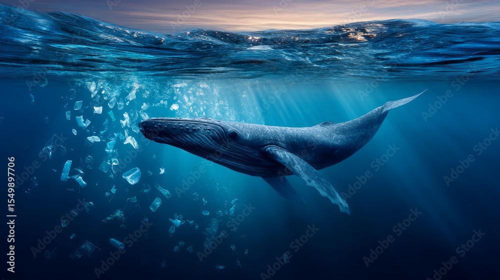 Fototapeta premium A whale swims in the ocean with plastic against the background of an ecological catastrophe. Concept of pollution of nature and the environment