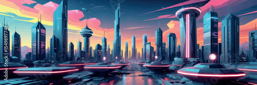Low poly vector futuristic city skyline with hovering platforms and neon lights