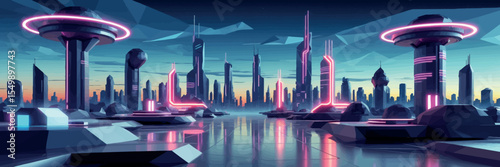 Low poly vector futuristic city skyline with hovering platforms and neon lights