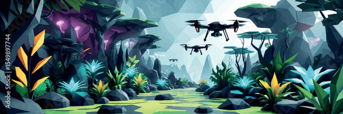 Low poly vector futuristic jungle with bioluminescent plants and hovering drones