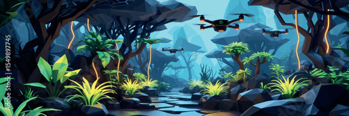 Low poly vector futuristic jungle with bioluminescent plants and hovering drones
