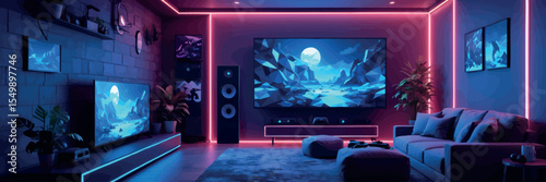 Low poly vector gaming room with screen couch controllers and glowing neon decor