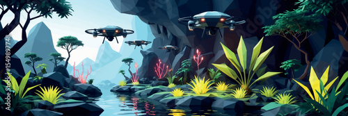 Low poly vector futuristic jungle with bioluminescent plants and hovering drones