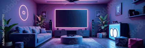 Low poly vector gaming room with screen couch controllers and glowing neon decor