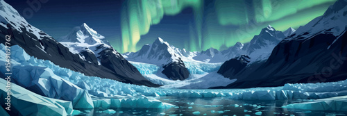 Low poly vector glacier landscape with cracked ice aurora and icy peaks