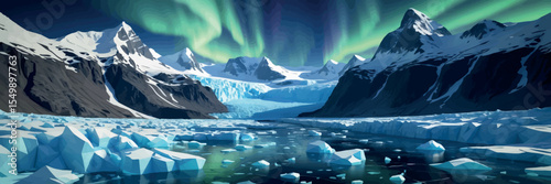 Low poly vector glacier landscape with cracked ice aurora and icy peaks
