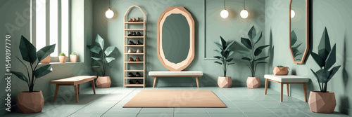 Low poly vector hallway with shoe rack mirror bench and plants in soft muted colors