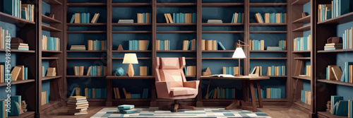 Low poly vector home library with bookshelves reading chair and lamp in cozy study room
