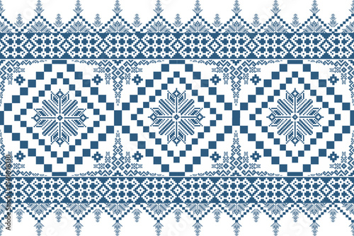 Blue and White Ornamental Pixel Pattern Border, Traditional Ethnic Textile Design, Seamless Vector Illustration for Decorative Elements