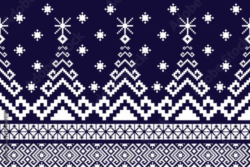Traditional Christmas Tree Textile Border Pattern in Indigo Blue and White, Ethnic Winter Design, Seamless Vector Ornament for Festive Decoration