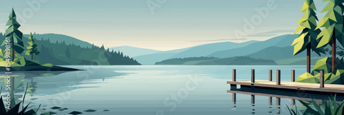 Low poly vector serene lake scene with dock trees reflections and distant hills