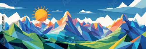 Low poly vector landscape of stylized mountain range with sun and polygonal peaks vector-friendly