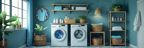 Low poly vector laundry room with washing machine basket and organized shelf