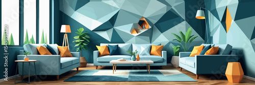 Low poly vector living room with sofa table rug and lamp in geometric style