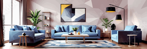Low poly vector living room with sofa table rug and lamp in geometric style