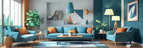 Low poly vector living room with sofa table rug and lamp in geometric style