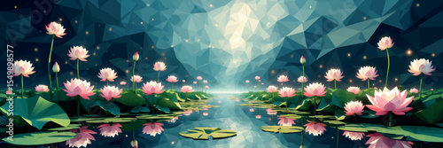 Low poly vector magical field with floating lotus flowers mirrored lake and light particles