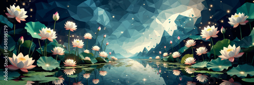 Low poly vector magical field with floating lotus flowers mirrored lake and light particles