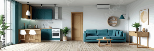 Low poly vector studio apartment with bed sofa and kitchenette in modern open layout