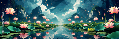 Low poly vector magical field with floating lotus flowers mirrored lake and light particles