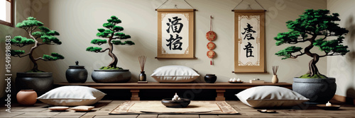 Low poly vector meditation room with cushions bonsai incense and scroll art zen vibes