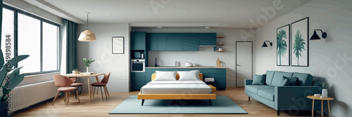 Low poly vector studio apartment with bed sofa and kitchenette in modern open layout