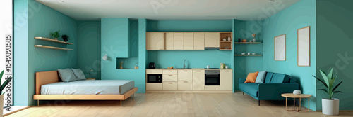 Low poly vector studio apartment with bed sofa and kitchenette in modern open layout