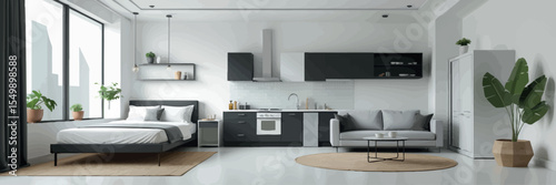 Low poly vector studio apartment with bed sofa and kitchenette in modern open layout