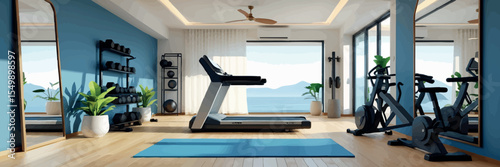 Low poly vector modern home gym with treadmill yoga mat weights and mirrors