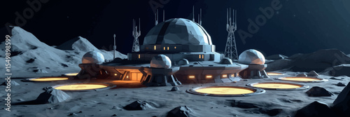 Low poly vector moon base with domes antennae and glowing landing pads sci-fi style