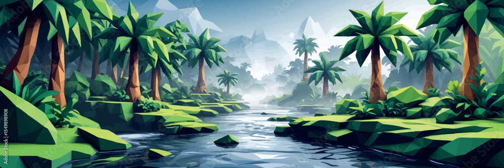 Low poly vector rainforest with polygonal trees mist and winding river