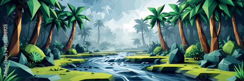 Low poly vector rainforest with polygonal trees mist and winding river