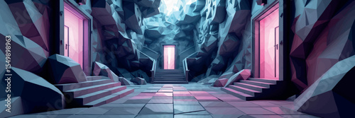Low poly vector realm with staircases into void abstract geometry and glowing doors surreal theme vector-friendly