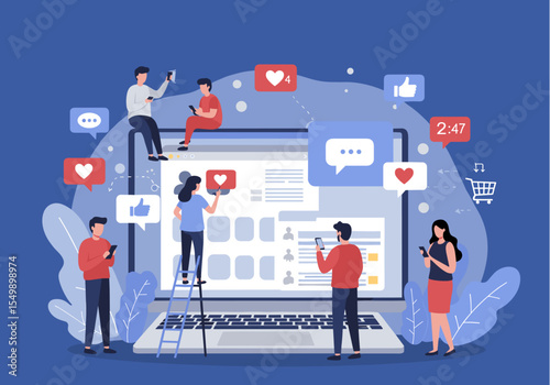An illustration depicting a social media concept with people interacting with a large laptop screen and various social media icons.