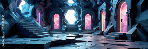 Low poly vector realm with staircases into void abstract geometry and glowing doors surreal theme vector-friendly